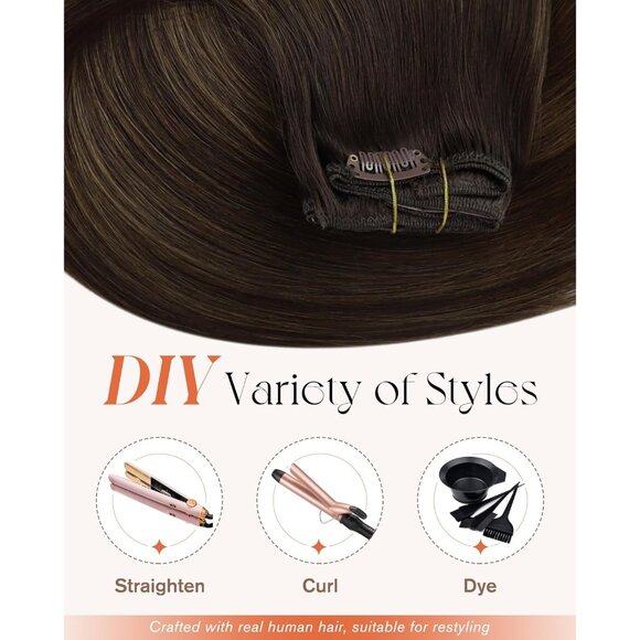 Clip in Hair Extensions Human Hair 18 Inch Straight Balayage Dark Brown - Picture 6 of 9